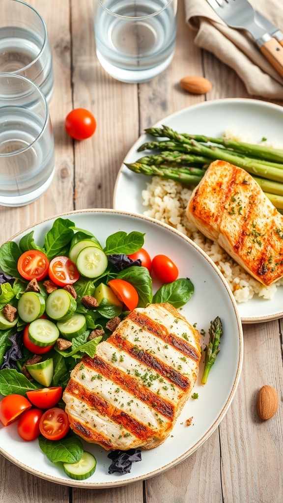 Low Carb 1800 Calorie Diet Plan A healthy low carb meal with grilled chicken salad, baked salmon, asparagus, and cauliflower rice on a rustic table.